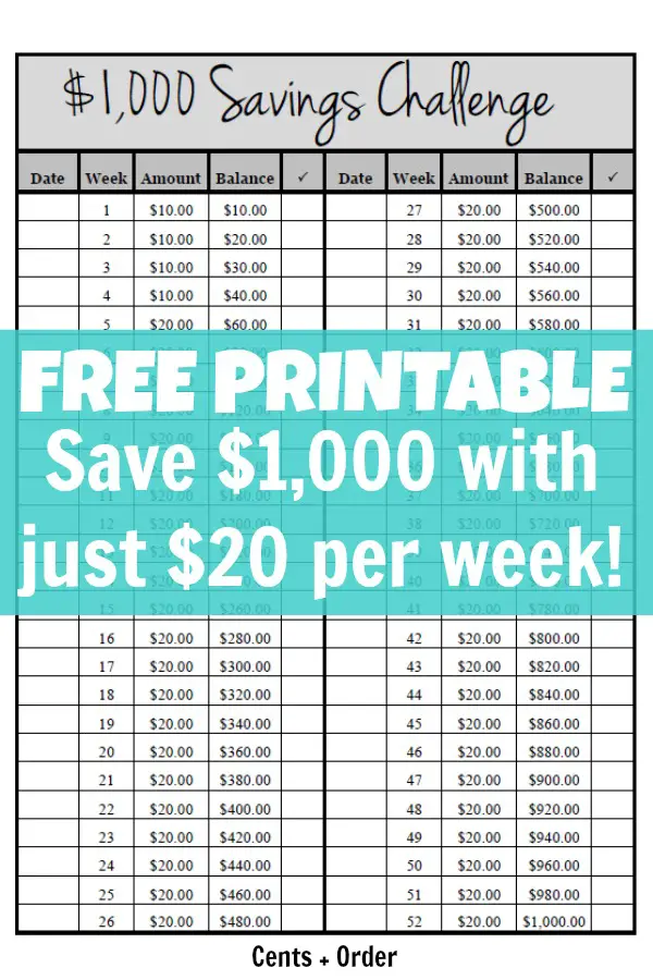 52-Week / $1,000 Savings Plan - Build your emergency fund with this easy challenge of just $20 a week! Free Printable Tracker for your savings challenge.