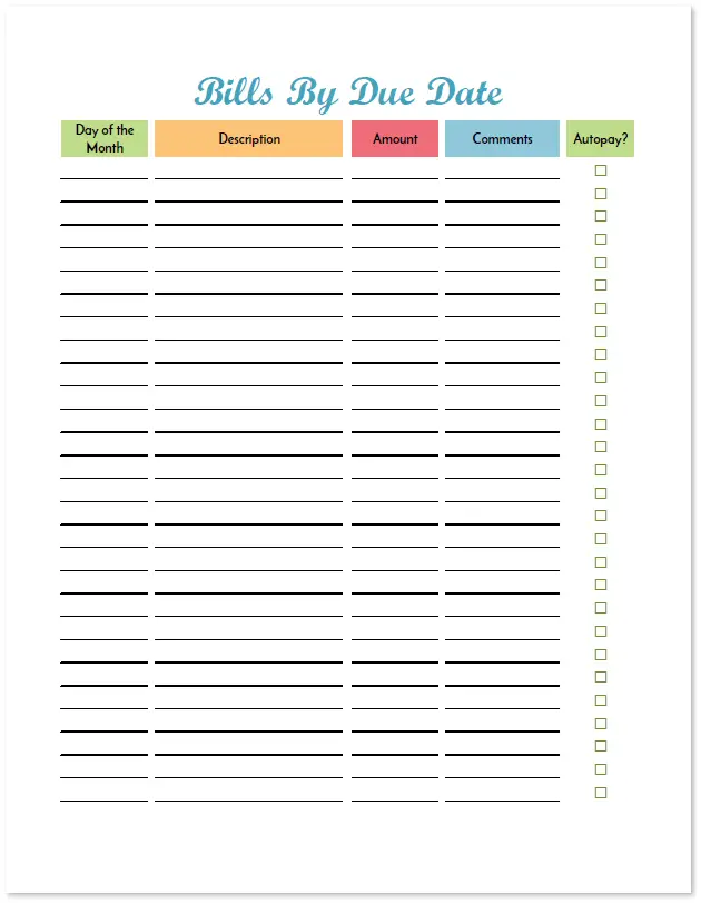 Bill Due Tracker Template Printable Pdf