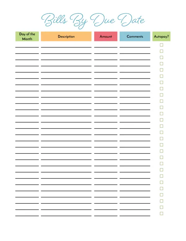 Bills by Due Date 2019