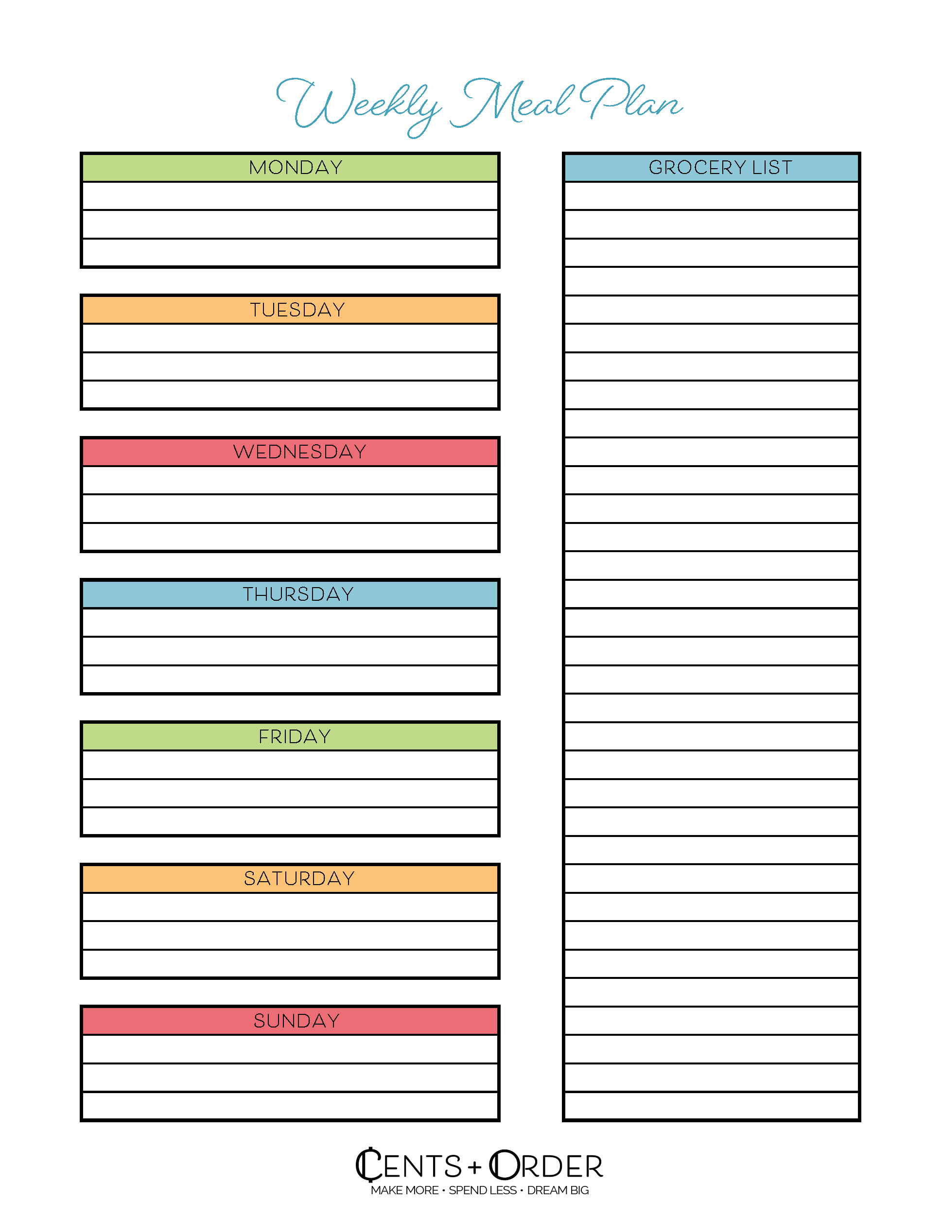 Weekly Meal Plan Template With Grocery List Collection